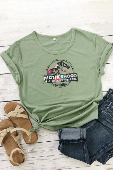 Womens T-Shirt Stylish Dinosaur Letter Motherhood Is a Walk in the Park Pattern Regular Fitted Round Neck Short Sleeve T-Shirt