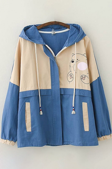 Womens Trench Coat Chic Cartoon Bear Print Color Block Zipper up Hooded Loose Fit Long Sleeve Trench Coat