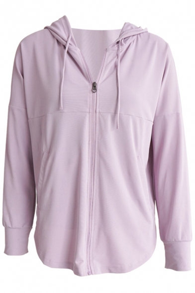 Classic Womens Sport Jacket Plain Quick Dry Curved Hem Zipper down Drawstring Regular Fit Long Sleeve Hooded Yoga Jacket