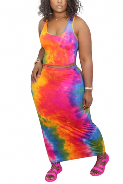 Creative Womens Co-ords Tie Dye Slim Fitted Maxi Skirt Scoop Neck Sleeveless Tank Top Co-ords