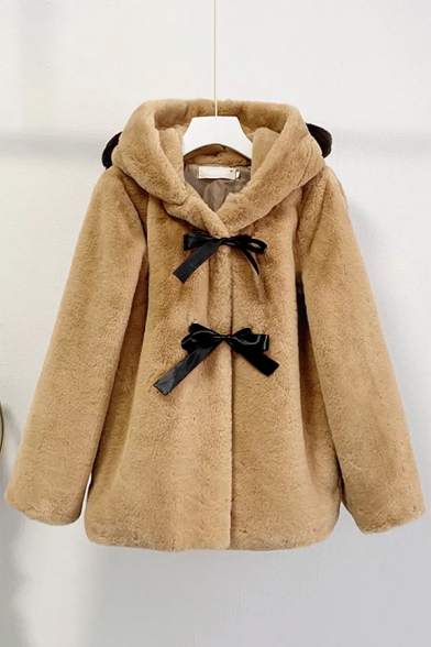 Cute Kawaii Girls' Long Sleeve Bear Ear Hooded Press Button Bow Tie Fluffy Oversize Jacket in Camel