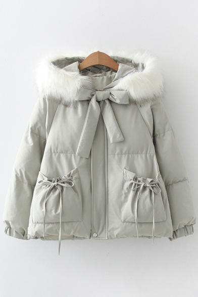 Cute Womens Down Coat Ruched Drawstring Pockets Bow-Tie Fur Hooded Quilted Banded Cuffs Zip Fly Long-sleeved Loose Fit Down Coat