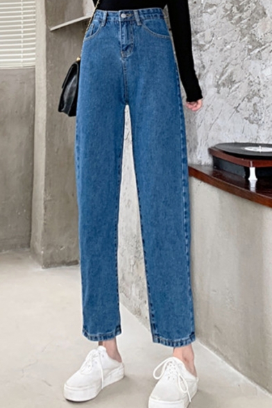 Elegant Women's Jeans Side Pockets Button Fly High Rise Ankle-Knee Straight Jeans with Washing Effect