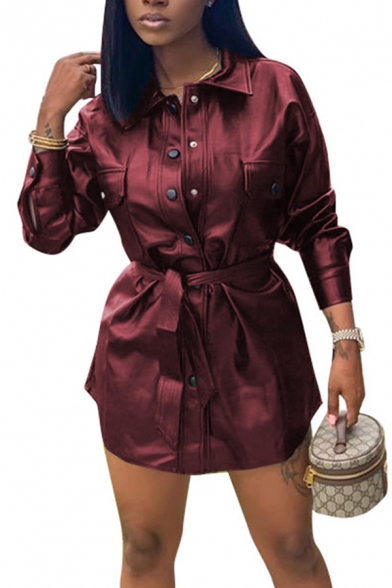 Elegant Women's Shirt Dress Solid Color Button-down Chest Pockets Turn-down Collar Long-sleeved Regular Fitted Shirt Dress with Belt