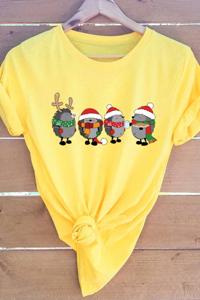Fancy Women's Tee Top Christmas Hat Hedgehog Pattern Rolled Cuffs Round Neck Short-sleeved Regular Fitted T-Shirt