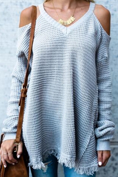 Ladies Fashionable V-Neck Waffle Knit Cold Shoulder Sweater Long Sleeve Fringe Hem Tunic Sweater