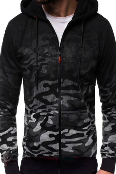 Men's Unique Ombre Camouflage Printed Long Sleeve Zip Up Gray Hoodie