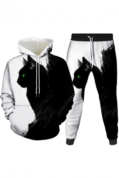Mens 3D Co-ords Unique Cat Ying-Yang Figure Galaxy Brush Stroke Pattern Long Sleeve Hoodie Ankle Length Tapered Pants Slim Fit Jogger Co-ords