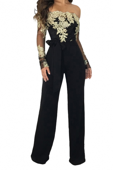 Novelty Womens Jumpsuit Floral Embroidered Tie-Waist Long Sleeve off Shoulder Slim Fitted Wide Leg Jumpsuit