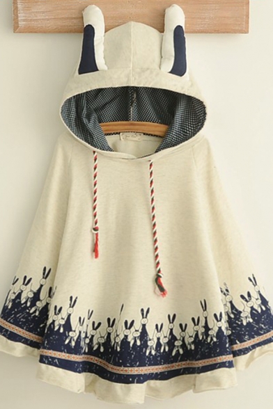 Novelty Womens Poncho Contrast Rabbit Pattern Stringy Selvedge Hem Ear-Hood Drawstring Long Sleeve Loose Fitted Poncho