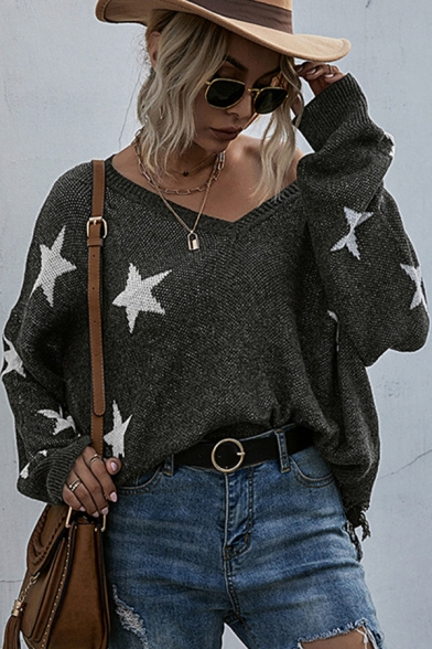 Novelty Womens Sweater Star Pattern Frayed Hem Long Sleeve Relaxed Fitted V Neck Sweater