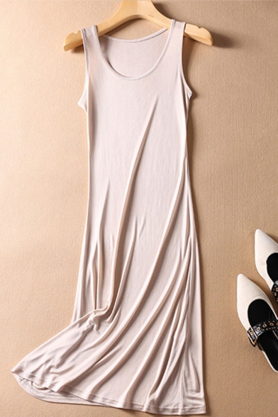 Popular Tank Dress Solid Color Crew Neck Sleeveless Fitted Midi Tank Dress for Women