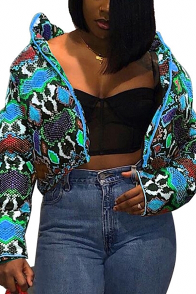 Retro Womens Down Jacket Abstract Pattern Color Block Zipper up High Neck Regular Fit Long Sleeve Puffer Jacket