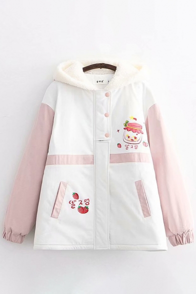 Stylish Women's Coat Cartoon Jam Jar Strawberry Printed Contrast Panel Banded Cuffs Button Detail Brushed Hooded Zip Fly Long Sleeves Casual Coat