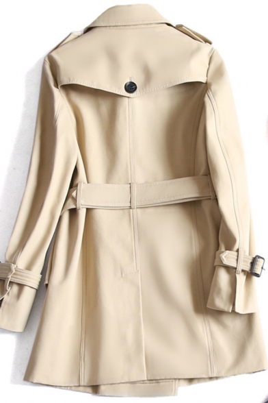 Stylish Women's Trench Coat Solid Color Double-Breasted Belted Side Pockets Button Detailed Turn-down Collar Long Sleeves Regular Fitted Coat