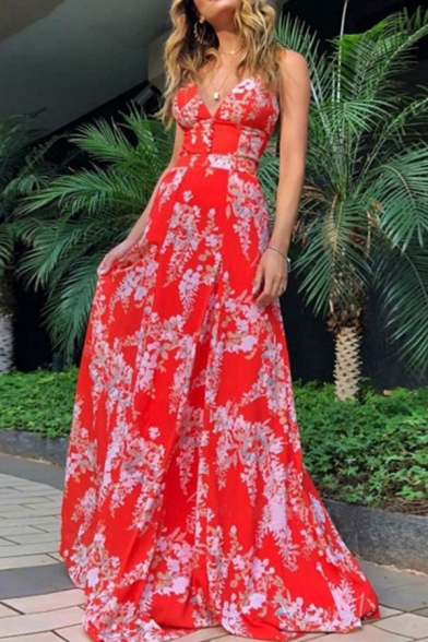 Trendy Women's Long Dress Floral Pattern Waist Banded V Neck Strapped Sleeveless Slim Fitted Long A-Line Dress