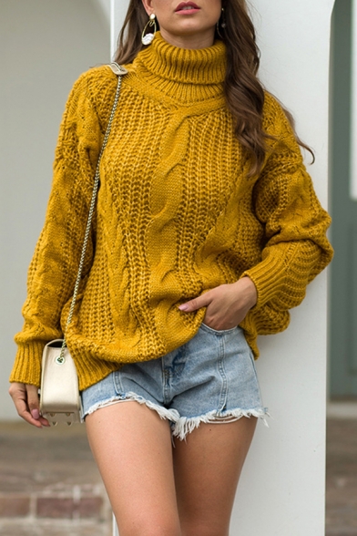 Trendy Women's Sweater Solid Color Cable Knit High Neck Bishop Sleeves Loose Fit Pullover Sweater
