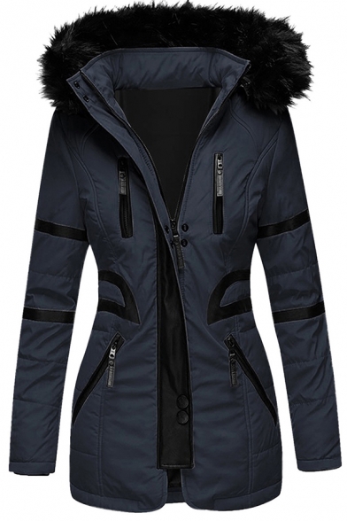 Unique Womens Coat Contrast PU Patchwork Fur-Trimmed Hood Zipper up Mid-Length Slim Fit Long Sleeve Parka