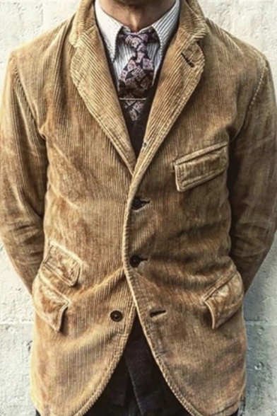 Vintage Mens Jacket Plain Pocket Flap Decoration Button Detail Long Sleeve Lapel Collar Slim Fit Casual Jacket