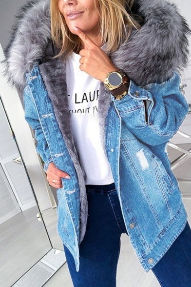 Vintage Womens Jacket Faded Wash Distressed Thick Flap Chest Pockets Fur-Lined Hood Mid Length Button up Slim Fit Long Sleeve Denim Jacket