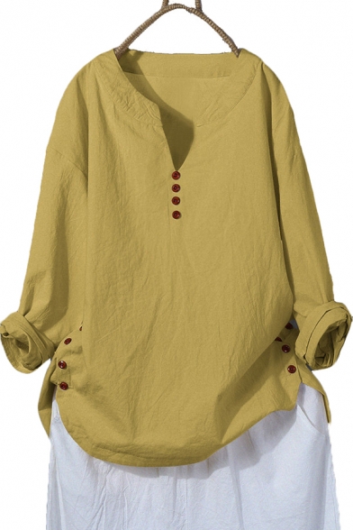 Vintage Womens Shirt Solid Color Cotton Linen Button Hem Regular Fitted Long Sleeve Split Neck Pullover Shirt