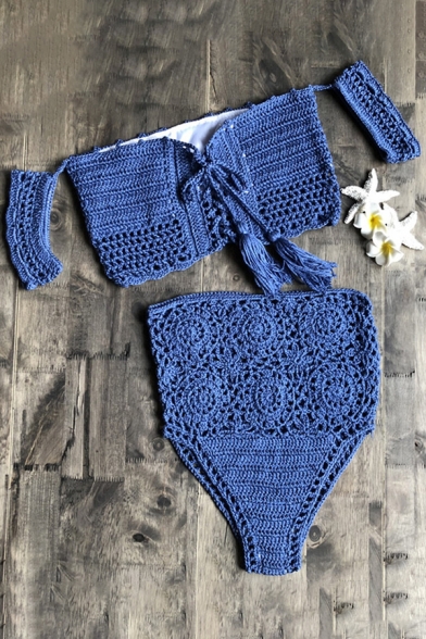 Womens Bikini Sets Fashionable Hand-Hook Hollow Knitted Tassel Drawstring off Shoulder Cropped Top Slim Fitted Triangle Briefs Two Pieces Swimsuits