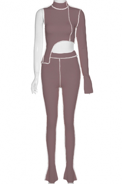 Womens Co-ords Trendy Contrast Flatlock Seam Asymmetric Hem Long Sleeve One Shoulder Tee Slim Fitted Pants Sport Co-ords