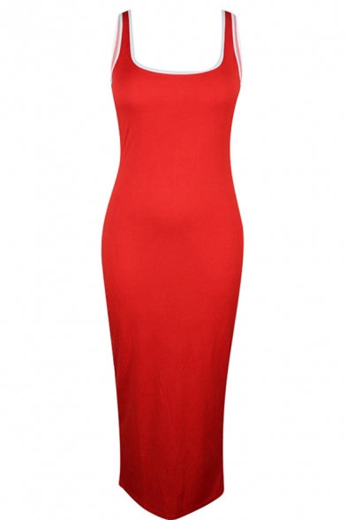 Womens Dress Chic Contrast Binding Scoop Neck Sleeveless Slim Fitted Maxi Bodycon Tank Dress