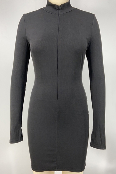 Womens Dress Stylish Plain Rib Knitted Thumb Holes Zipper Front Short Slim Fitted V Neck Long Sleeve Bodycon Dress