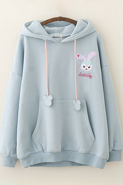 Womens Hoodie Chic Rabbit Letter Embroidery Ear-Hood Kangaroo Pocket Drawstring Long Sleeve Relaxed Fitted Hooded Sweatshirt