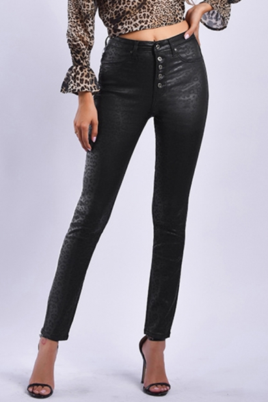 Womens Pants Fashionable Leopard Skin Pattern PU Leather Button Fly High Rise Ankle Length Slim Fit Tapered Relaxed Pants