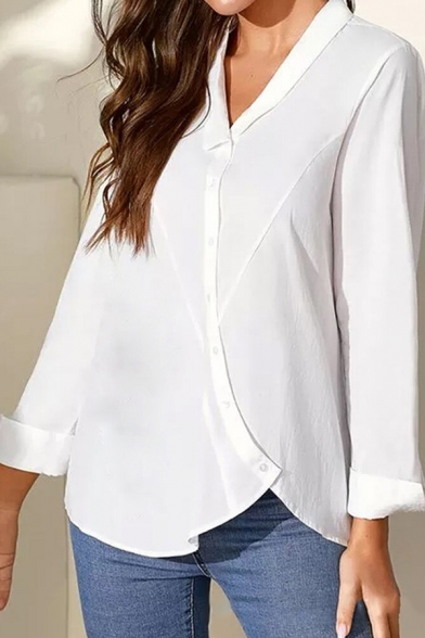 Womens Shirt Fashionable Plain Cotton Linen Oblique Button down Loose Fit Long Sleeve Turn-down Collar Shirt