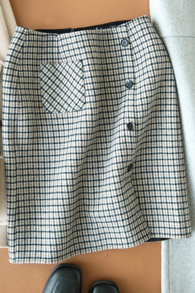 Womens Skirt Stylish Plaid Print Woolen Zipper Back Side Single-Breasted Mini High Waist Bodycon Skirt
