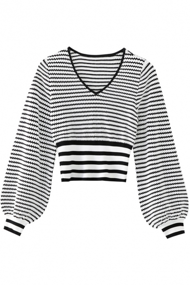 Womens Sweater Trendy Zigzag Pattern Stripe-Trim Waist Controlled Slim Fitted Long Bishop Sleeve V Neck Sweater