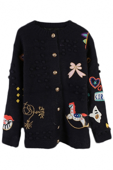 Basic Womens Cardigan Bow Heart Rocking Horse Floral Embroidery Button up Tunic Crew Neck Long Sleeve Relaxed Fit Cardigan