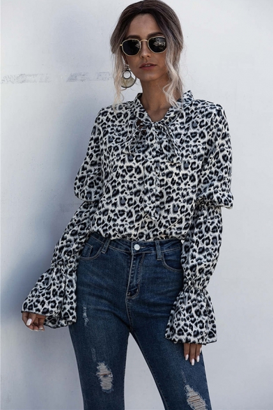 Classic Womens Shirt Leopard Skin Print Slim Fitted Tie Neck Long Flounce Sleeve Pullover Shirt