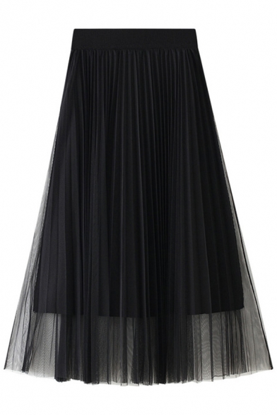 Classic Womens Skirt Plain Tulle Knitted Convertible High Elastic Rise Midi A-Line Pleated Skirt