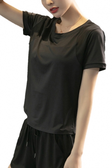 Creative Womens Sport T-Shirt Split Back Hem Quick Dry Short Raglan Sleeve Round Neck Regular Fitted Tee Top