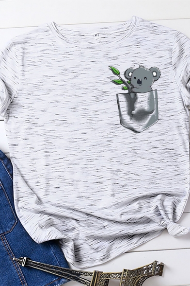 Cute T-Shirt Cartoon Koala Pocket Printed Round Neck Short-sleeved Regular Fitted Tee Top for Women