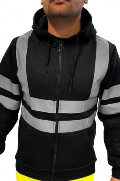 Fancy Men's Hoodie Reflect Light Contrast Panel Front Pocket Zip Placket Long Sleeves Regular Fitted Drawstring Hooded Sweatshirt