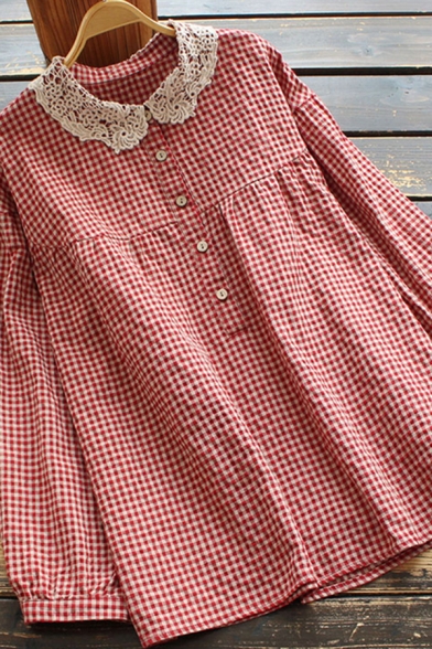 Fancy Women's Blouse Plaid Pattern Lace Trims Button Detail Banded Cuffs Pleated Peter Pan Collar Long-sleeved Relaxed Fit Shirt Blouse