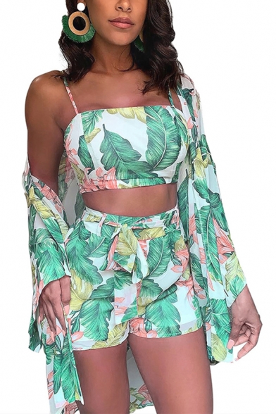 Fancy Women's Set All over Leaf Print Open Front Jacket Slim Fitted Cropped Top with High Waist Short Three Piece Set