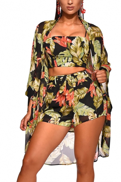 Fancy Women's Set All over Leaf Print Open Front Jacket Slim Fitted Cropped Top with High Waist Short Three Piece Set