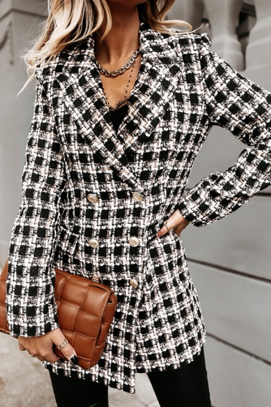 Fancy Womens Woolen Coat Plaid Houndstooth Pattern Double-Breasted Flap Pockets Notched Collar Long Sleeve Regular Fitted Coat