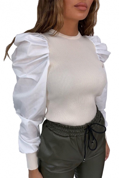 Fashionable Women's Tee Top Solid Color Patchwork Rib Knitted Mock Neck Long Puff Sleeves Slim Fitted T-Shirt
