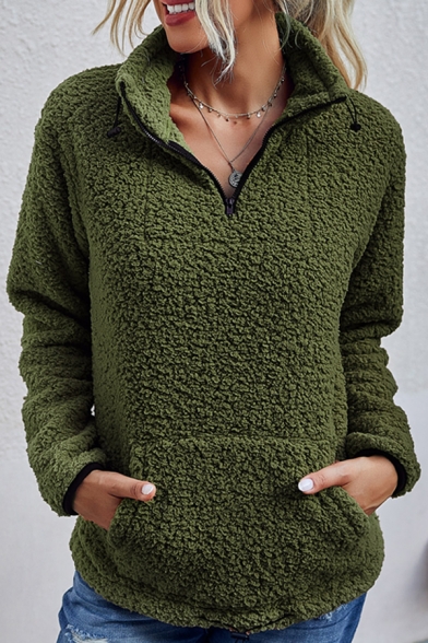 Ladies Stylish Lapel Collar Half-Zip Long Sleeve Loose Sherpa Pullover Sweatshirt with Pocket