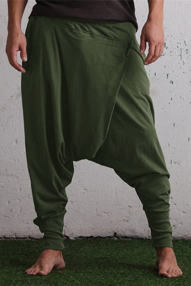 Men's Personalized Fashion Solid Color Drop-Crotch Loose Fit Hip Pop Casual Cotton Harem Pants