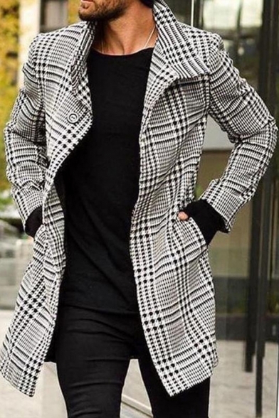 Mens Coat Simple Houndstooth Print Button Detail Long Sleeve Mid-Length Lapel Collar Slim Fit Woven Coat