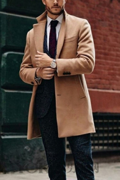 Mens Coat Stylish Solid Color Mid-Length Button up Lapel Collar Slim Fit Long Sleeve Woolen Coat