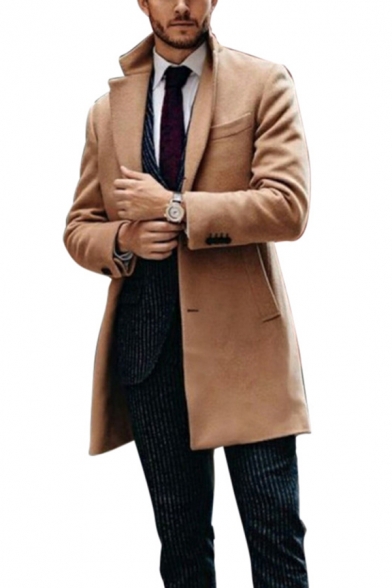 Mens Coat Stylish Solid Color Mid-Length Button up Lapel Collar Slim Fit Long Sleeve Woolen Coat